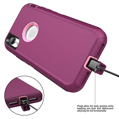 MXX Compatible with iPhone Xr Case, 3-Layer Super Protective Full Heavy Duty Body Tough Rugged Bumper Cover, Shock & Dust Proof, Designed for Apple Xr Phone Case 6.1" - color: Plum/Light Pink