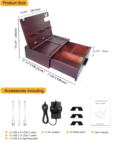 Nightstand Organizer with Drawer Built in 4 USB Quick Charger, Wood Phone Docking Station with Dual Phone Charging Station for Apple Android Phones Anniversary Birthday Gifts for Men Dad Hunsband Mom