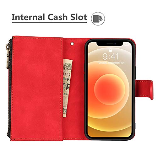 iCoverCase for iPhone 12 Mini Wallet Case with Card Holder and Wrist Strap, PU Leather Kickstand Card Slots Zipper Pocket Magnetic [Detachable] Flip Cover Case 5.4 Inch (Red) - color: Red