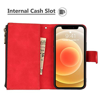 iCoverCase for iPhone 12 Mini Wallet Case with Card Holder and Wrist Strap, PU Leather Kickstand Card Slots Zipper Pocket Magnetic [Detachable] Flip Cover Case 5.4 Inch (Red) - color: Red