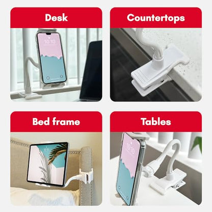 Macally Clip On Tablet Holder | Gooseneck iPad Holder for Bed, Stroller, Airplane, Desk (Universal Tablet Compatibility) Strong and Secure iPad Arm Mount, Tablet Clamp Mount, Kindle Holder - color: White