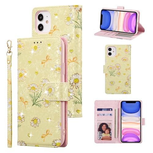 UEEBAI Wallet Case for iPhone 12/iPhone 12 Pro 6.1 inch, PU Leather Wallet Kickstand RFID Blocking Flip Case Card Slots Wrist Strap Relief Engraved Pattern Magnetic Closure Folio Cover, Yellow Daisy - color: Yellow Daisy, size: iPhone 12/iPhone 12 Pro 6.1