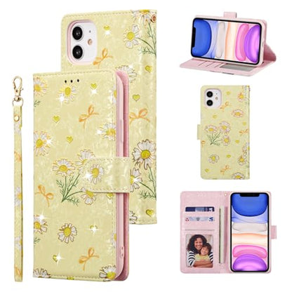 UEEBAI Wallet Case for iPhone 12/iPhone 12 Pro 6.1 inch, PU Leather Wallet Kickstand RFID Blocking Flip Case Card Slots Wrist Strap Relief Engraved Pattern Magnetic Closure Folio Cover, Yellow Daisy - color: Yellow Daisy, size: iPhone 12/iPhone 12 Pro 6.1