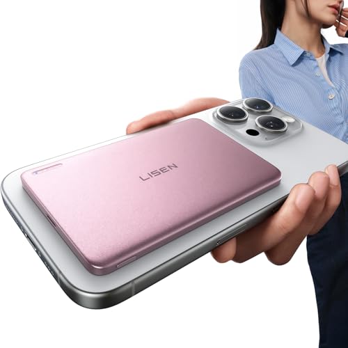 LISEN 0.3‘’ Ultra Slim MagSafe Portable Charger,5000mAh Wireless Card Slim MagSafe Battery Pack iPhone 17 Air Accessories,Magnetic Power Bank for iPhone 17 Pro Max Plus Air/16/15/14/13/12，Pink - color: Pink