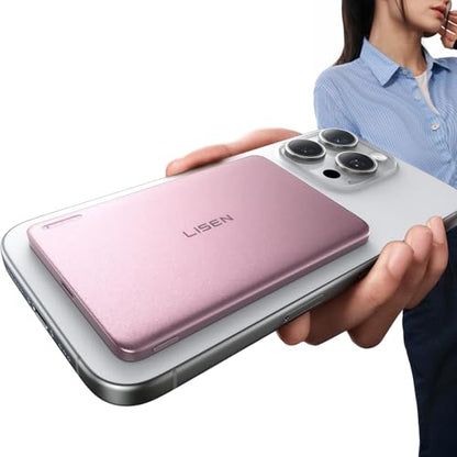 LISEN 0.3‘’ Ultra Slim MagSafe Portable Charger,5000mAh Wireless Card Slim MagSafe Battery Pack iPhone 17 Air Accessories,Magnetic Power Bank for iPhone 17 Pro Max Plus Air/16/15/14/13/12，Pink - color: Pink