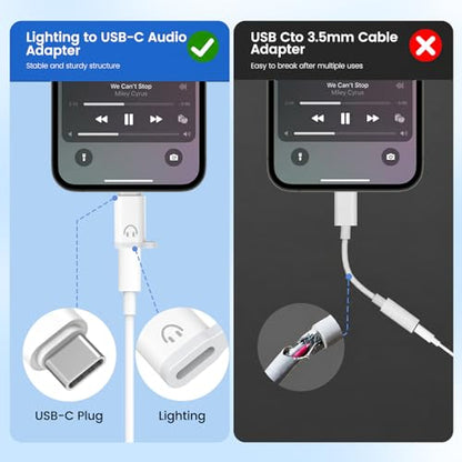 Lightning to USB-C Adapter Audio for Headphones, 2 Pack USB-C Male to Lightning Female Earbuds Adapter with Mic & Line Control, No Charging/Data, Compatible with iPhone 15/16/17, iPad, USB-C Devices