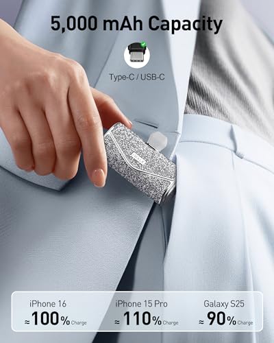 iWALK Upgraded Sparkly Portable Charger 22.5W, 5000mAh Power Bank for iPhone 18 Pro/17/16/15 Series, Mini Battery Pack with Built-in USB-C Connector Compatible with Samsung S25/24, iPad Air, AirPods - color: Silver