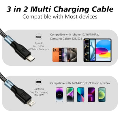 Awnuwuy 100W Multi Charge Cable for iPhone/Lightning/2 USB-C Ports, 6.6FT - size: 6.6FT