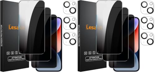 Lesakit 3+6 Pack Privacy Screen Protector for iPhone 14 6.1-Inch with 6 Pack Camera Lens Protector, Anti Spy Tempered Glass Film 9H Hardness Bubble Free Case Friendly - size: iPhone 14 (Pack of 2)
