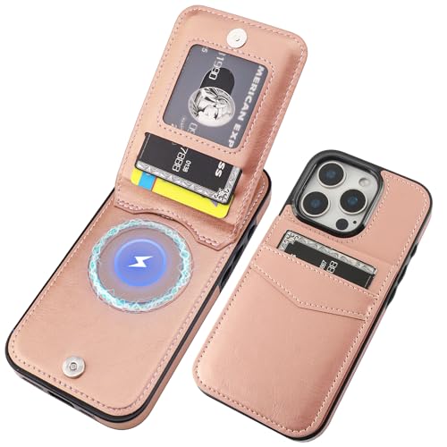 KIHUWEY for iPhone 16 Pro Wallet Case Card Holder for MagSafe, Rose Gold | Wireless Charging, RFID, Flip PU Leather, Magnetic Clasp, Hands-Free Viewing Kickstand, Heavy Duty Protective Cover - color: Magsafe for Rose Gold