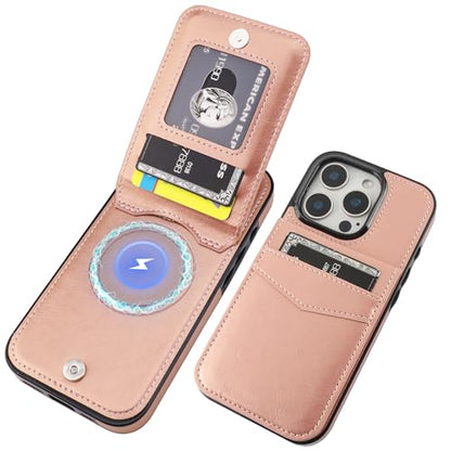 KIHUWEY for iPhone 16 Pro Wallet Case Card Holder for MagSafe, Rose Gold | Wireless Charging, RFID, Flip PU Leather, Magnetic Clasp, Hands-Free Viewing Kickstand, Heavy Duty Protective Cover - color: Magsafe for Rose Gold