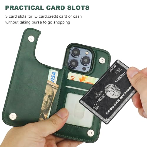 ONETOP for iPhone 15 Pro Wallet Case with Credit Card Holder,Green | Kickstand,ID/Cash Holder,Case Wallet with Card Slots,Double Magnetic Clasp,Durable PU Leather Shockproof Cover for Women Men - color: Green