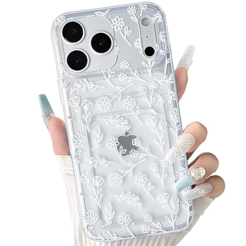 NITITOP Compatible for iPhone 17 Pro Case Clear with Card Holder Cute Flower Floral Leave Pattern for Women Girl Soft TPU Shock-Absorbing Wallet Case Protective Phone Cover - White - color: White, size: iPhone 17 Pro