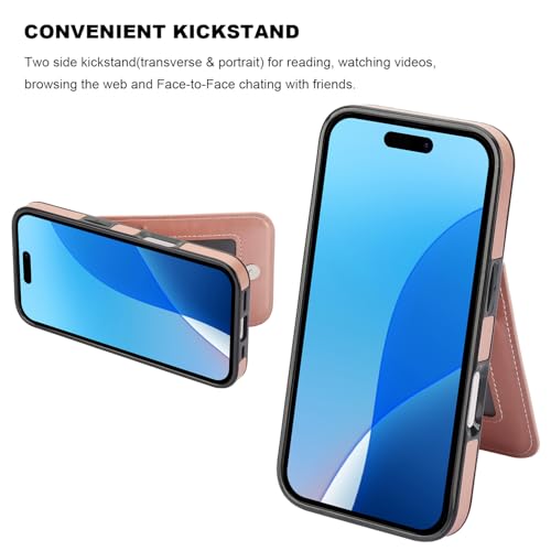 KIHUWEY for iPhone 16 Pro Wallet Case Card Holder for MagSafe, Rose Gold | Wireless Charging, RFID, Flip PU Leather, Magnetic Clasp, Hands-Free Viewing Kickstand, Heavy Duty Protective Cover - color: Magsafe for Rose Gold