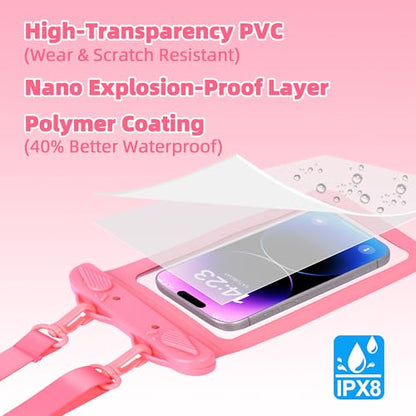 IPX8 Waterproof Phone Pouch Universal Cell Phone Dry Bag Patented Sealed Lock Lanyard Mobile Phone Case for Swimming Surfing Beach for iPhone 17 16 15 Samsung S26 S25 Xiaomi up to 8.9" - color: Pink - 2 Pack