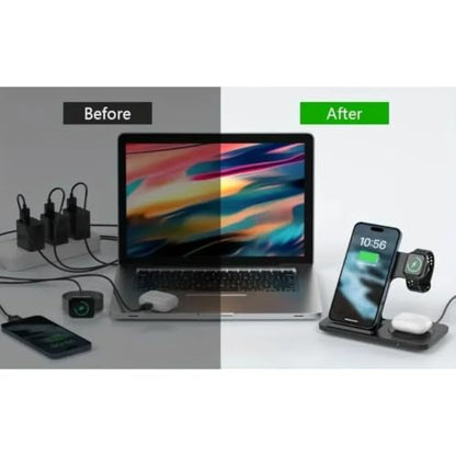 3 in 1 Wireless Charger for Apple Watch Ultra 10 9 8 AirPods Pro iPhone 17 16 15 14 15W Fast Charging Stand Dual Coil (Black)