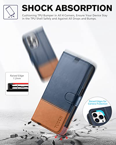 TUCCH Wallet Case for iPhone 14 Pro (6.1") 2022, 4 Card Slots, Blue & Brown | RFID Blocking, Viewing Stand, Shockproof TPU Shell, PU Leather, Magnetic Closure, Protective Folio Flip Cover - color: Two Colors - Dark Blue & Brown