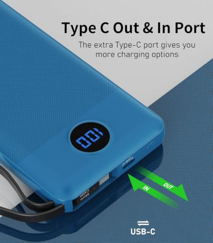 Portable Charger Built in 4 Cables, 10000mAh Power Bank, Blue&Pink - color: Blue&Pink