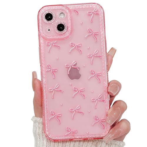 NITITOP Compatible with iPhone 14 Plus / 15 Plus Case Cute Clear Pink Glitter Bow Knot Design Shiny Star Sparkle Bling Diamond Girls Women Soft TPU Shockproof Protective Phone Cover - Large Bow Heart - color: Large Bow Heart, size: iPhone 14 Plus / 15 Plu