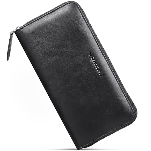 VISOUL Leather Long Zipper Pouch Wallet for Men and Women with RFID Blocking, Large Clutch Cash Long Wallet with Zipper (Black) - color: Black