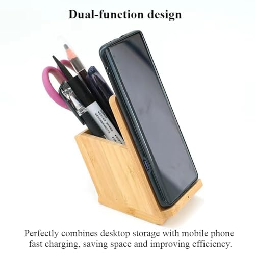 Bamboo Wood Pen Holder & 15W Dual-Coil Wireless Charger – Solid Bamboo Desk Organizer with Phone Stand, Eco-Friendly Office & Study Accessory for Students & Professionals