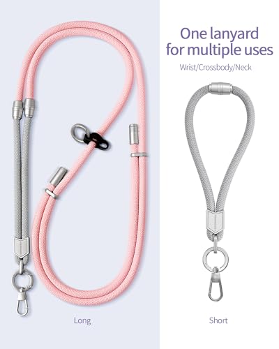 LEEUDESIGN 3 in 1 Luxury Phone Lanyard, Adjustable Crossbody Neck Strap & Short Wrist Strap, Anti-Lost Anti-Theft Detachable Phone Chain, Versatile Shoulder Phone Sling for All Cell Phones(Grey+Pink) - color: Grey+pink