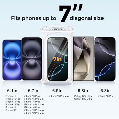 ProCase 2 Pack Floating Waterproof Phone Pouch, IPX8 Dry Bag for 7" Phones | Fits iPhone 17/16/15/14, Galaxy S24/S23 & Pixel 8/7. Touchscreen Waterproof Pouch for Swimming, Diving & Snow -Clear - color: Clear