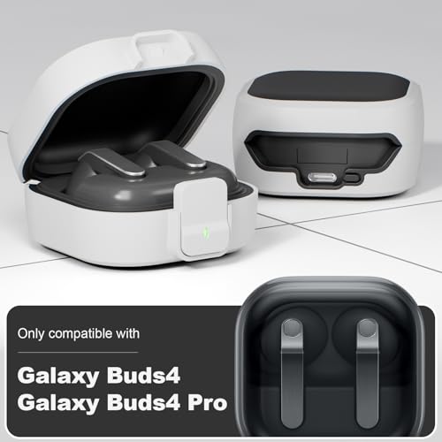 for Samsung Galaxy Buds 4 Pro/Buds 4 Case (2026) with Secure Safety Lock Clip,Shockproof Scratch-Resistant Hybrid PC+TPU Soft Shell Protective Cover Accessories with Carabiner&Cleaning Pen(White) - color: White Edge-Black
