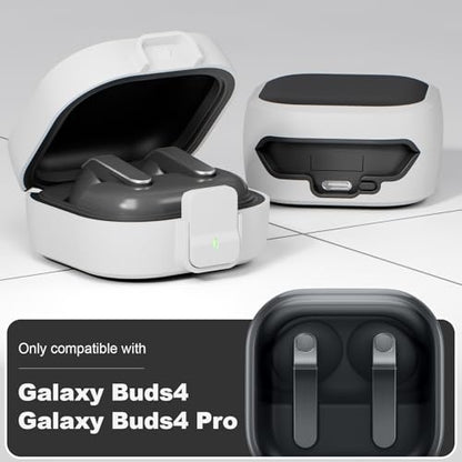 for Samsung Galaxy Buds 4 Pro/Buds 4 Case (2026) with Secure Safety Lock Clip,Shockproof Scratch-Resistant Hybrid PC+TPU Soft Shell Protective Cover Accessories with Carabiner&Cleaning Pen(White) - color: White Edge-Black