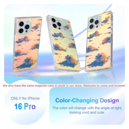 Cute Rectangle Case for iPhone 16 Pro Case, Iridescent Clouds | Twilight Sun Set Sky Pattern Design, Aesthetic Girly Matte Glitter Protective Phone Cover for Women Girls - size: iPhone 16 Pro