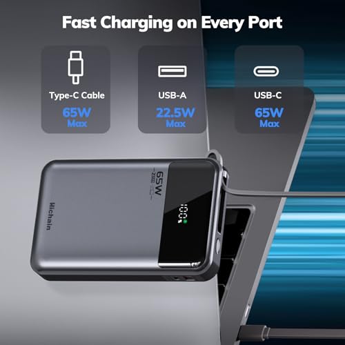 Hichain Laptop Power Bank 65W 20000mAh with Built-in USB-C Cable - color: Black