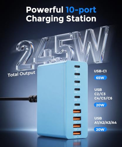USB C Charging Station 10 Port with 4 Cables,245W GaN Charger Block - color: Blue