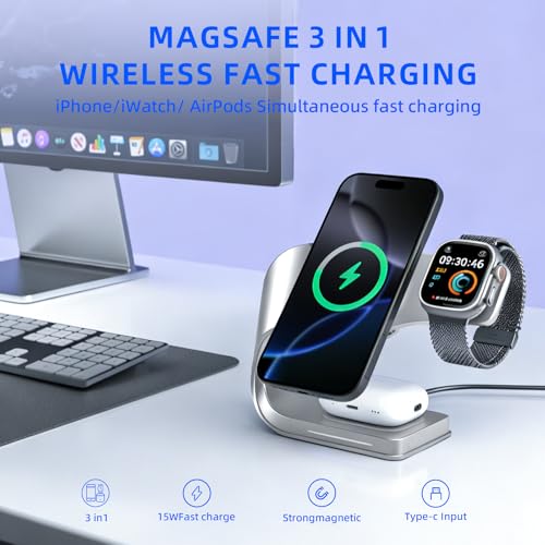 3 in 1 Wireless Charging Station with Cooling for iPhone, Watch & AirPods - color: Silvery