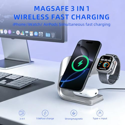 3 in 1 Wireless Charging Station with Cooling for iPhone, Watch & AirPods - color: Silvery
