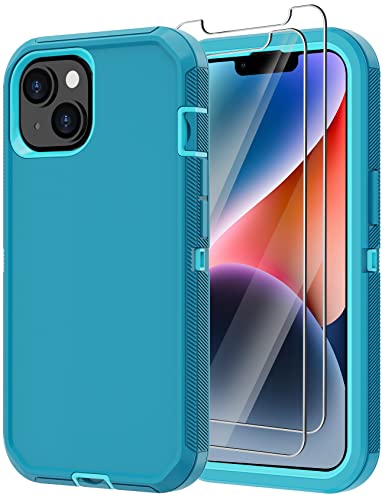 for iPhone 14 Case with 2 Screen Protector,Heavy Duty Shockproof Dropproof Dust Proof Military 3-Layer Rugged Durable Protective Cover - color: Lake/Sky Blue