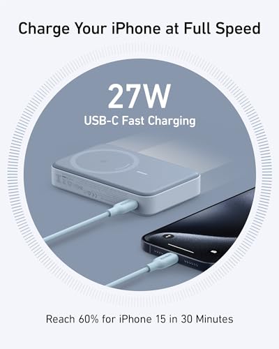 Anker MagGo Power Bank, 10,000mAh Qi2-Certified 15W Max Portable Charger | Fast MagSafe-Compatible Battery Pack, Smart Display, Foldable Stand, for iPhone 16 / 15 / 14 / 13 Only (USB-C Cable Included) - color: Blue