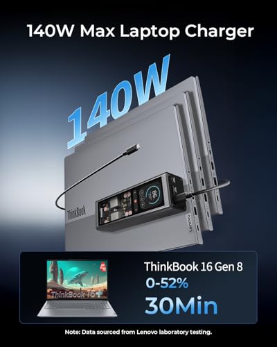 Lenovo Laptop Portable Power Bank, 20,000 mAh 3-Port USB-C 140W Digital Hybrid Charger, TFT Display, Travel Charging Station with 240W Cable for ThinkBook 14, MacBook, iPhone, Samsung Galaxy