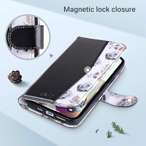 ULAK Compatible with iPhone 17 Pro Wallet Case with Card Holder, PU Leather Case with Kickstand Card Slots Wrist Strap, Durable Shockproof Protective Cover 6.3 Inch, Black Flower - color: Black, size: iPhone 17 Pro - 6.3 inch