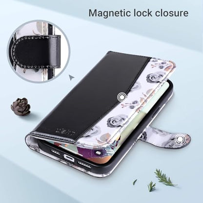 ULAK Compatible with iPhone 17 Pro Wallet Case with Card Holder, PU Leather Case with Kickstand Card Slots Wrist Strap, Durable Shockproof Protective Cover 6.3 Inch, Black Flower - color: Black, size: iPhone 17 Pro - 6.3 inch