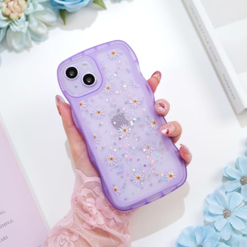 Glitter case for iPhone 13/14 Flowers Purple | Bling Sparkle Glitter，Flowers，Full Protection Soft TPU，Kawaii Cute Phone Case for Women Girls - color: Flowers Purple