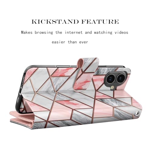 NJJEX Compatible with iPhone 16 Plus Wallet Case, 9 Card Slots, Marble Pink | PU leather folio flip, detachable magnetic phone cover, integrated kickstand, included lanyard - color: Marble Pink, size: iPhone 16 Plus
