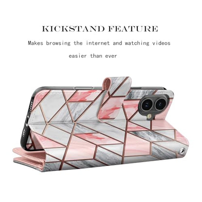 NJJEX Compatible with iPhone 16 Plus Wallet Case, 9 Card Slots, Marble Pink | PU leather folio flip, detachable magnetic phone cover, integrated kickstand, included lanyard - color: Marble Pink, size: iPhone 16 Plus
