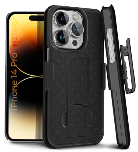 MOTIVE for iPhone 14 Pro Case with Belt Clip, Rigid, Kickstand | 6.1" | Ranger v1 Series, Black, 360° holster, open-top/open-bottom port access, textured grip, slim - size: iPhone 14 Pro