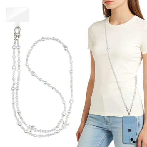 WOZEAH Crystal Cell Phone Lanyard Crossbody Strap for Women, Beaded Phone Strap for Cellphone Case with Tether Tab - color: Transparent Crystal Butterfly