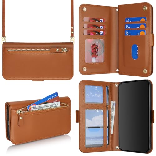 for iPhone 15 Pro Wallet Case for Women,for iPhone 15 Pro Case with Strap Crossbody Lanyard,PU Leather Shockproof Card Holder Stand Zipper Pocket Flip Phone Case-Brown - color: Brown