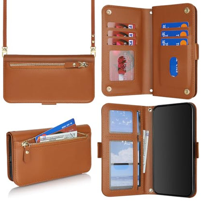 for iPhone 15 Pro Wallet Case for Women,for iPhone 15 Pro Case with Strap Crossbody Lanyard,PU Leather Shockproof Card Holder Stand Zipper Pocket Flip Phone Case-Brown - color: Brown