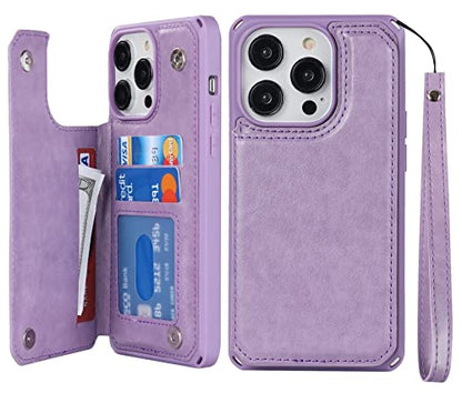iCoverCase Compatible with iPhone 14 Pro Max Wallet Phone Case with Card Holder for Women, RFID Blocking Embossed PU Leather Wrist Strap Case 6.7 Inch (Macaron Purple) - color: P-Purple