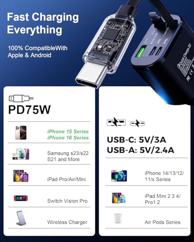 5-in-1 Fast Car Charger with USB-A and USB-C Ports, 75W High-Speed Charging, Retractable USB-C and Lightning Cables, Compatible with iPhone 16/15/14, Samsung Galaxy