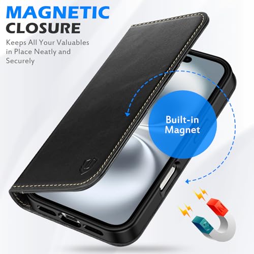 SHIELDON Genuine Leather Wallet Case for iPhone 16 6.1" 2024, Retro Black | Magnetic Closure, RFID Blocking, Credit Card Holder, Kickstand, Folio Design, Shockproof Phone Cover for Men Women - color: Retro Black