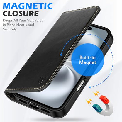 SHIELDON Genuine Leather Wallet Case for iPhone 16 6.1" 2024, Retro Black | Magnetic Closure, RFID Blocking, Credit Card Holder, Kickstand, Folio Design, Shockproof Phone Cover for Men Women - color: Retro Black